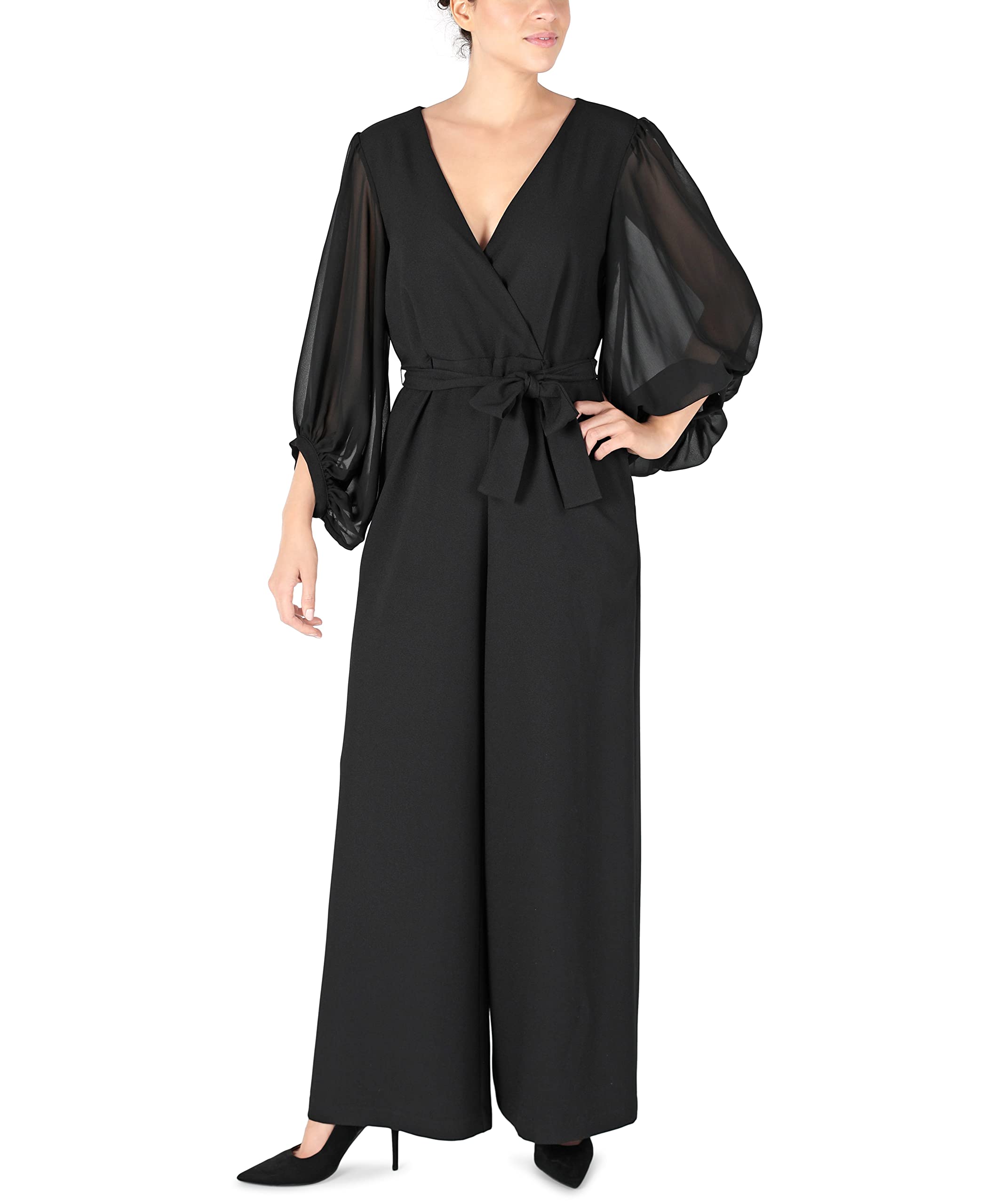 Donna Ricco Women's Sheer Sleeve Wrap Jumpsuit - Elegant One-Piece Romper for Casual Outings, Date Nights & Special Occasions