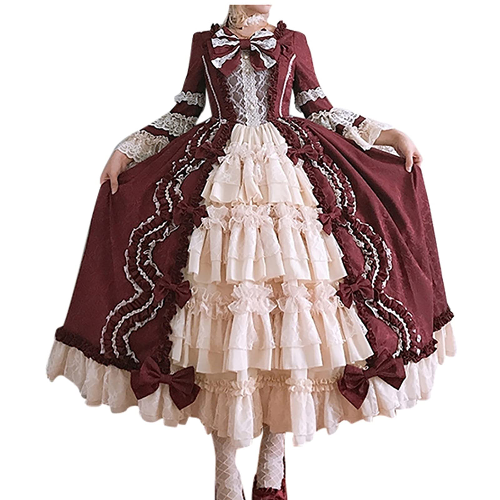MIANHT Women's Gothic Lolita Dress 2021 - Square Collar Long Sleeve Loose Hem Princess Cosplay Dress with Lace Bowknot | Perfect for Halloween Costume, Cosplay Events & Vintage Fashion Parties