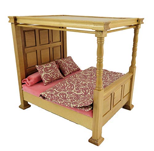Melody Jane Dollhouse Tudor Light Oak Tester Bed 4 Poster with Bedding - Miniature Bedroom Furniture for Dollhouse Decor, DIY Projects & Collectors