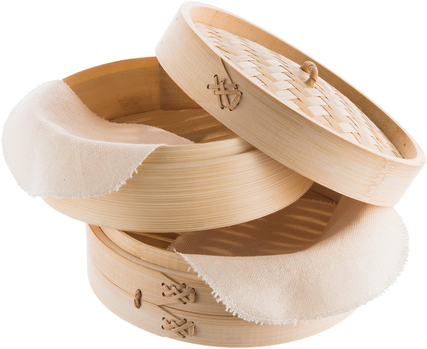 Handmade Bamboo Steamer Basket - Traditional 2-Tier 8 Inch Dumpling Steamer for Dim Sum, Vegetables, Fish & Meat - Includes 2 Cotton Liners - Perfect for Asian Cooking, Meal Prep & Healthy Eating