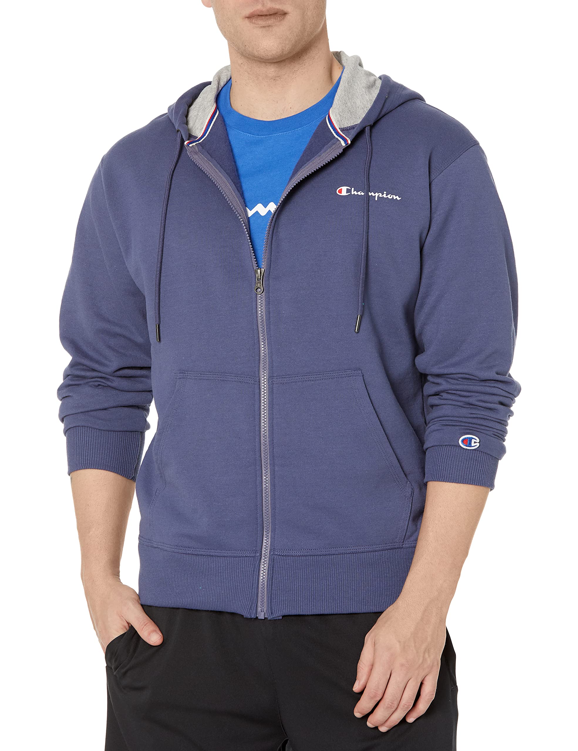 Champion Men's Powerblend Full Zip Hoodie - Lightweight Fleece Jacket for Men with Front Pockets - Casual Streetwear & Gym Workout Hooded Sweatshirt - Perfect for Running, Travel and Everyday Wear