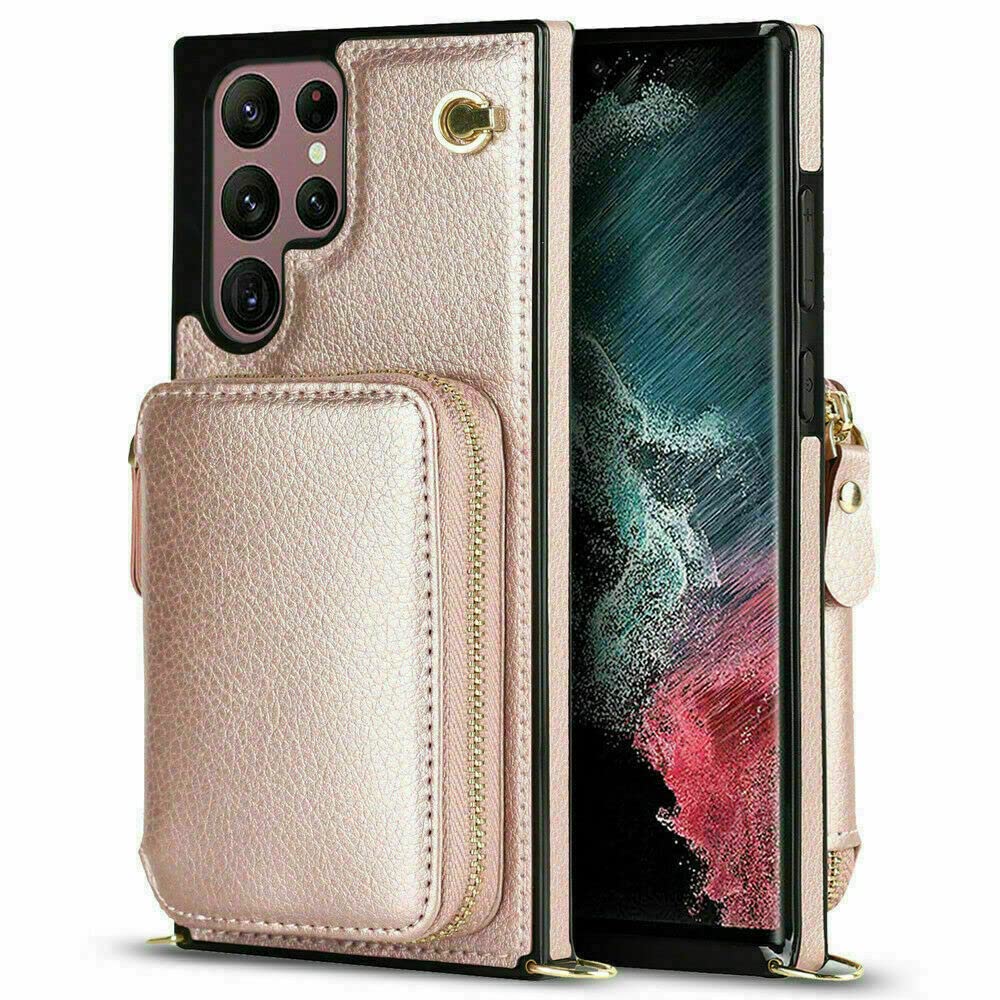 EAXER Samsung Galaxy S22 Ultra Wallet Case with Zipper, Durable PU Leather Phone Case with Card Slots & Crossbody Lanyard Strap - Rose Gold for Women & Girls | Perfect for Travel, Work & Everyday Use