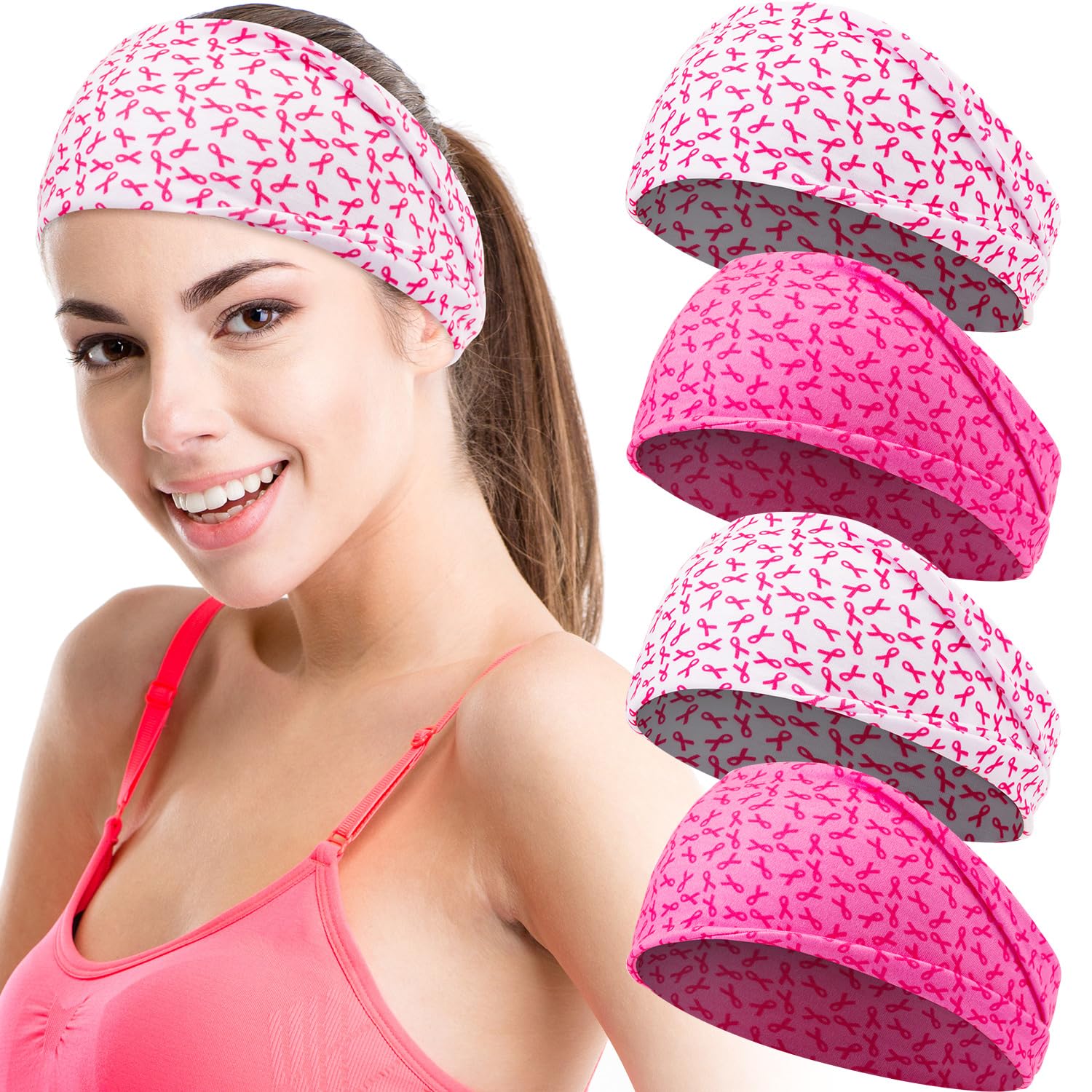 WILLBOND 4 Pack Pink & White Breast Cancer Awareness Headbands for Women - Stretchy Elastic Wide Hair Bands for Yoga, Running, Workout & Sports - Sweat Wicking Ribbon Hair Wraps for Exercise & Daily Wear