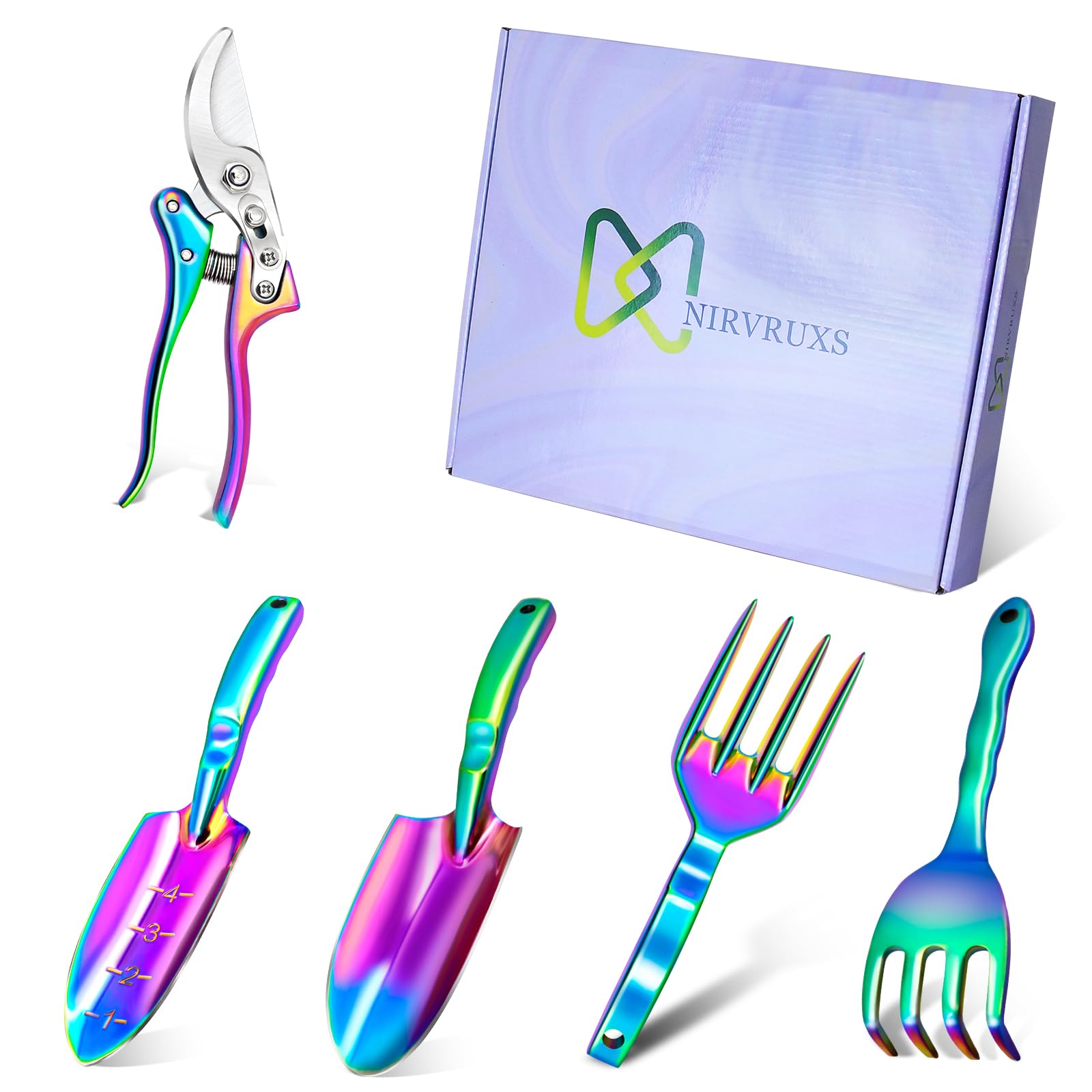 Rainbow Gardening Tool Set - 5 Piece Hand Tools Kit with Shovel, Pruning Shears & Hand Fork | Durable Gardening Supplies for Women | Perfect for Home Garden, Flower Beds & Outdoor Planting