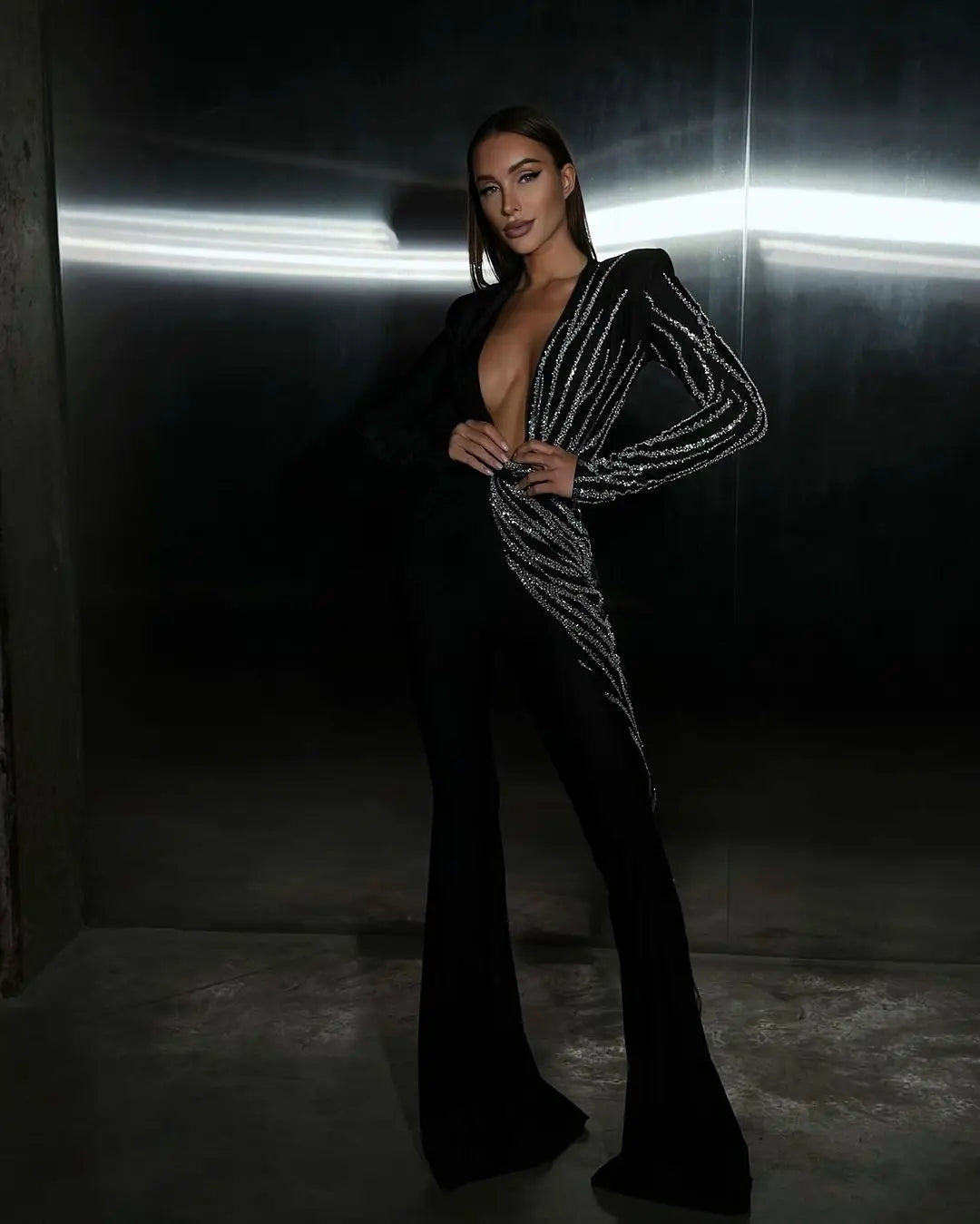 Black Rhinestone V-Neck Long Sleeve Jumpsuit for Women - Elegant Shiny Evening Party Dress & Office Wear | Perfect for Cocktail Parties, Prom Nights, and Formal Events