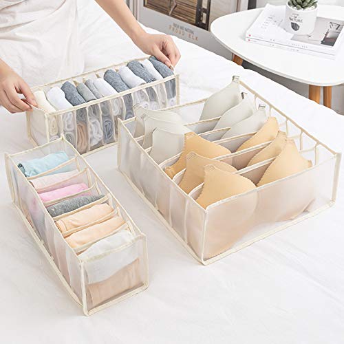 Foldable Underwear Drawer Organizer - 3-Pack Bra & Panty Storage Box with 6/7/11 Compartments, Nylon Sock Divider for Closet Organization (Beige) | Perfect for Bedroom Dresser, Travel Luggage & Small Space Storage