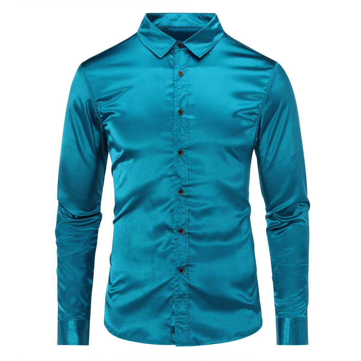 Men's Casual Shiny Long Sleeve Lapel Dress Shirt - Lake Blue | Formal & Business Attire | Perfect for Office, Parties & Special Occasions