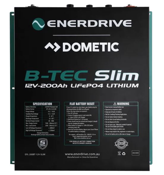 Enerdrive B-TEC 200Ah 12V LiFePO4 Slim Metal Case Deep Cycle Battery - Perfect for RVs, Boats, Solar Systems & Off-Grid Power Storage