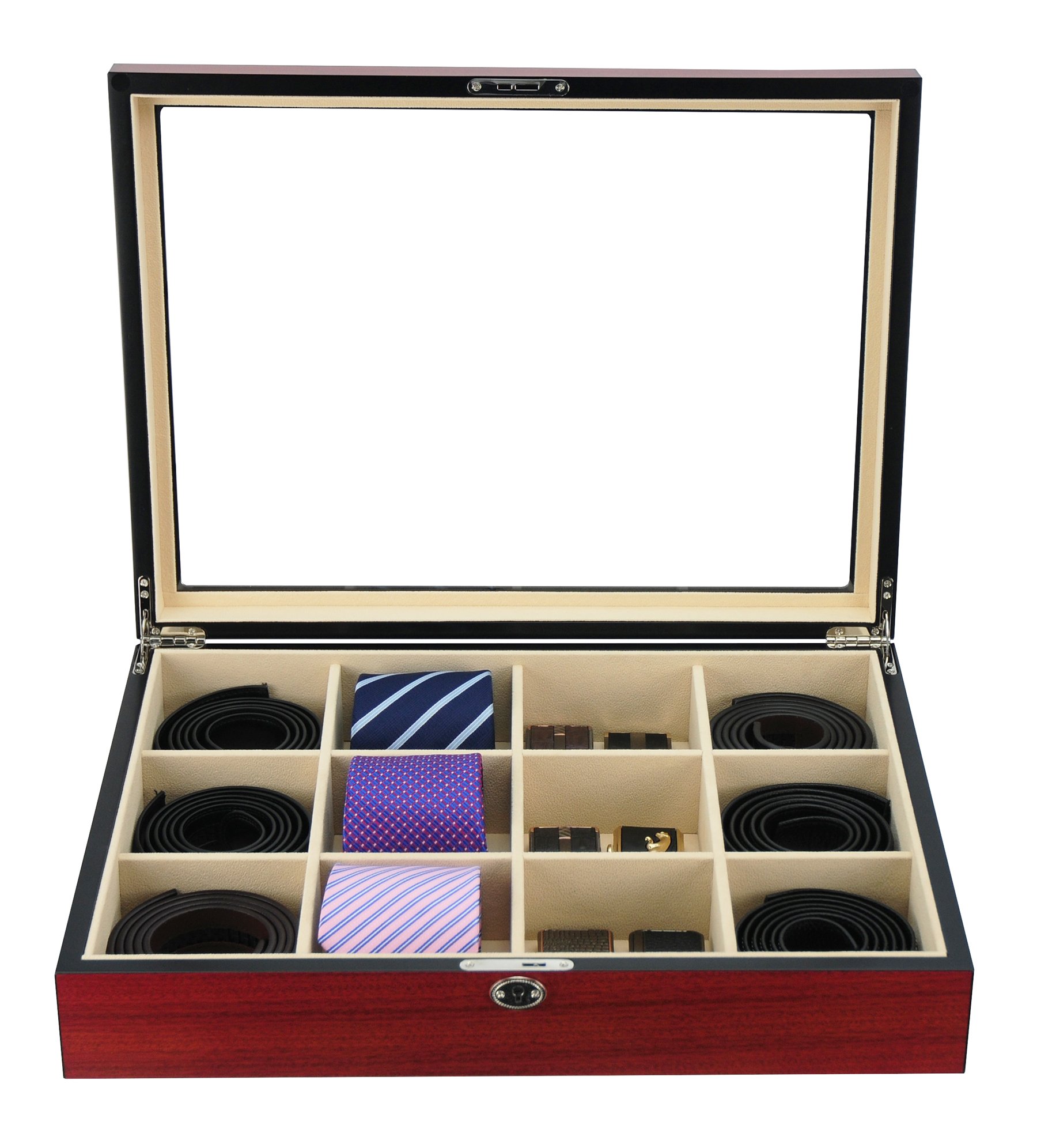 Cherry Wood Display Case for 12 Ties, Belts & Accessories - Premium Storage Box for Men | Perfect Father's Day Gift & Home Office Organization Solution