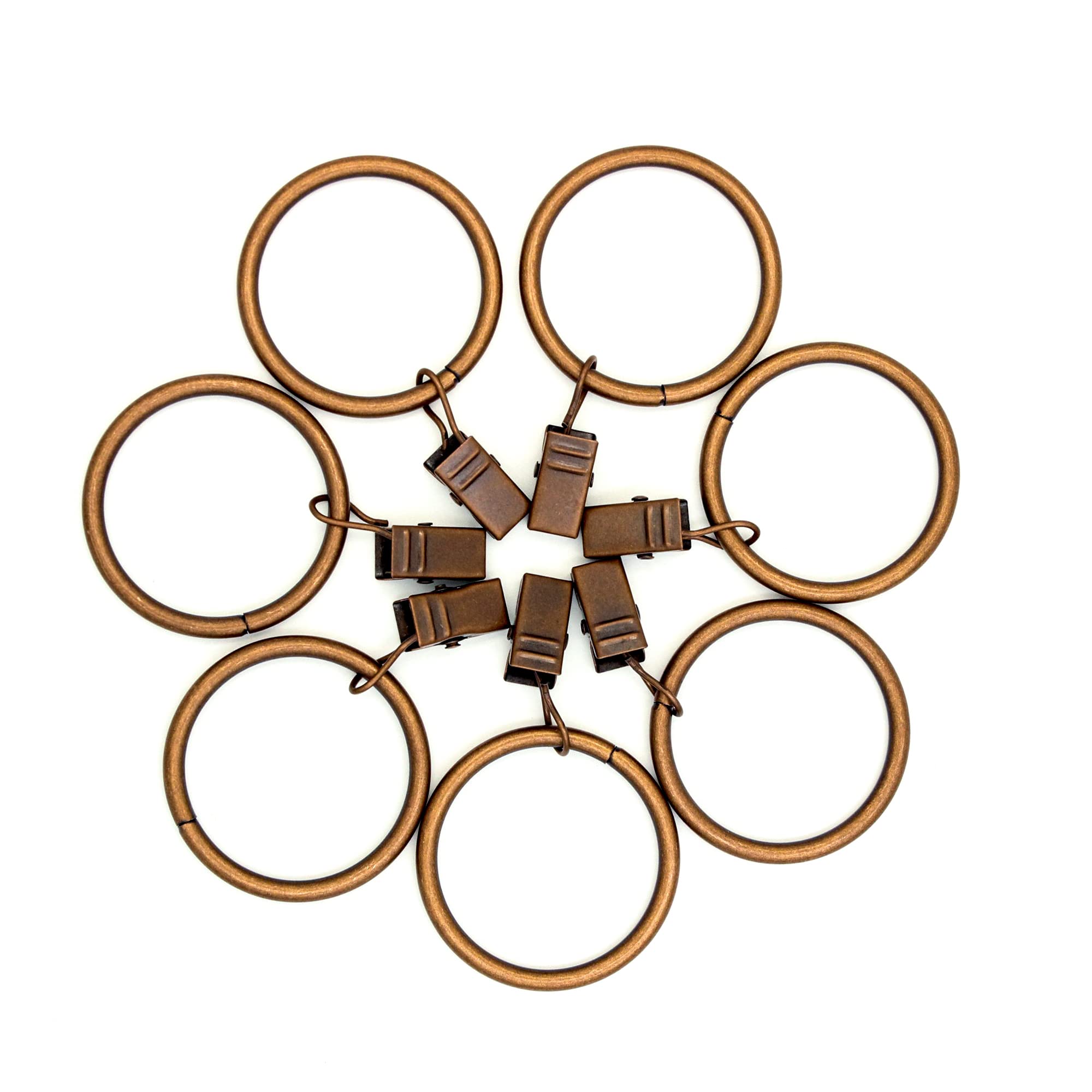 TRMESIA 15-Pack Antique Copper Metal Curtain Rings with Clips - 1.5in Inner Diameter for 1.25in Rods, Wire Hooks & Hanging Loops - Perfect for Living Room, Bedroom & Window Decor