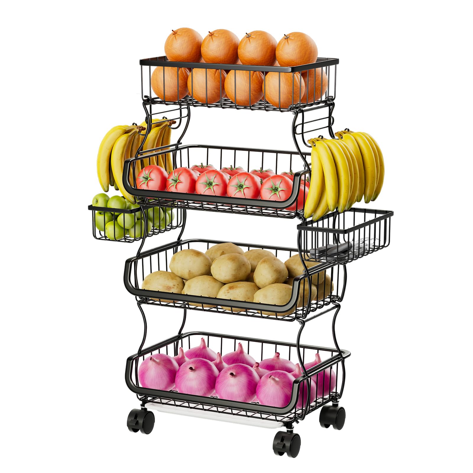 4-Tier Rolling Kitchen Cart with Wheels - Stackable Metal Wire Basket Organizer for Fruits, Vegetables, Bread & Snacks - Includes 2 Hanging Baskets - Perfect for Pantry, Grocery Storage & Small Space Organization (Black)