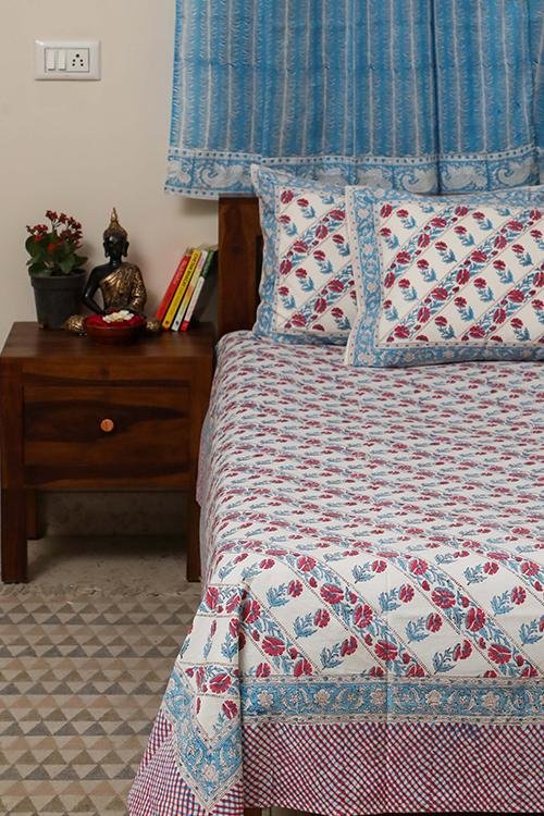 Handblock Printed Cotton Bedsheet with Red Floral Design | 100% Cotton Luxury Bedding | Perfect for Boho Chic Bedroom Decor & Guest Room Styling