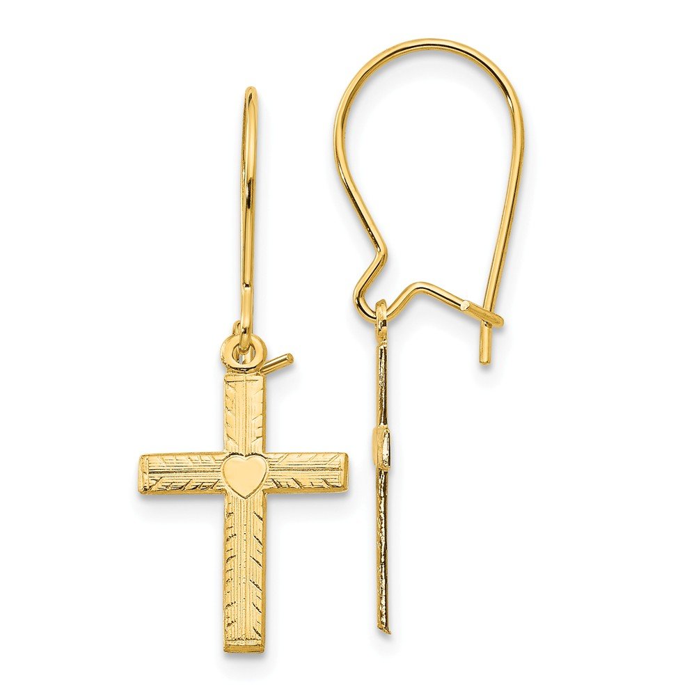 14k Yellow Gold Heart Cross Dangle Earrings - 13mm Polished & Satin Black Bow Jewelry for Women | Elegant Church, Wedding & Date Night Accessories