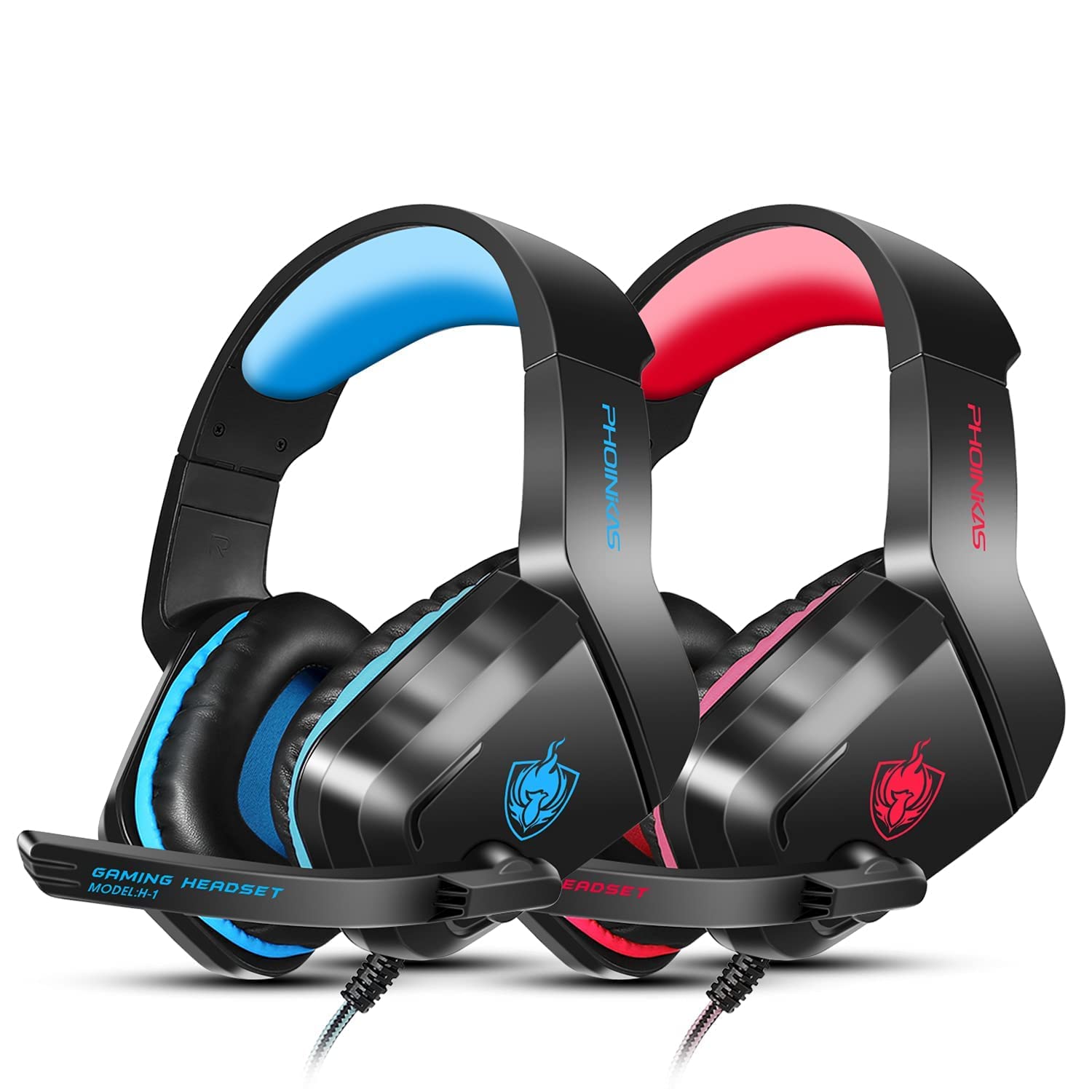 2 PCS PHOINIKAS H1 Gaming Headset (Blue & Red) - Noise Cancelling Over-Ear Headphones with Mic for PS4, Xbox One, PC, Laptop & Nintendo Switch - Perfect for Online Gaming, Streaming & Virtual Meetings