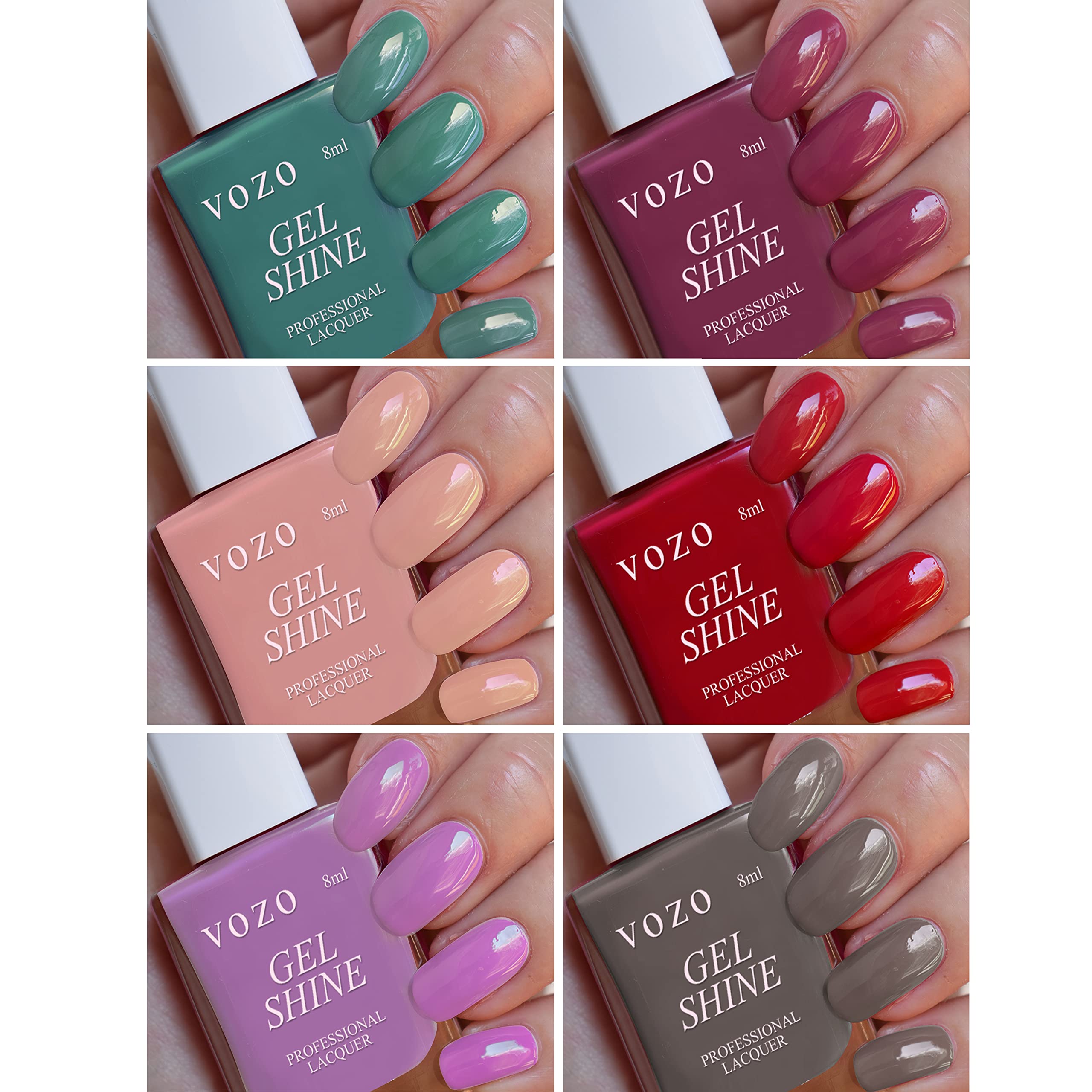 VOZO Long Lasting Nail Polish Set of 6 - High Shine, Rich Colors (Steel Teal, Light Mauve, Stormcloud, Carrot Red, Light Purple, Quick Silver) - 48ml - Perfect for Manicures, Pedicures, Nail Art & Special Occasions