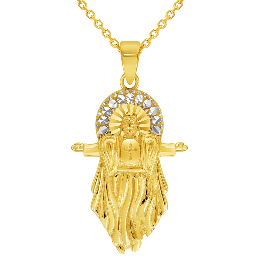 14K Yellow Gold Jesus Christ Open Arms Pendant Necklace with Cable, Curb & Figaro Chain Options - Perfect for Religious Gifts, Baptisms & Faith Jewelry