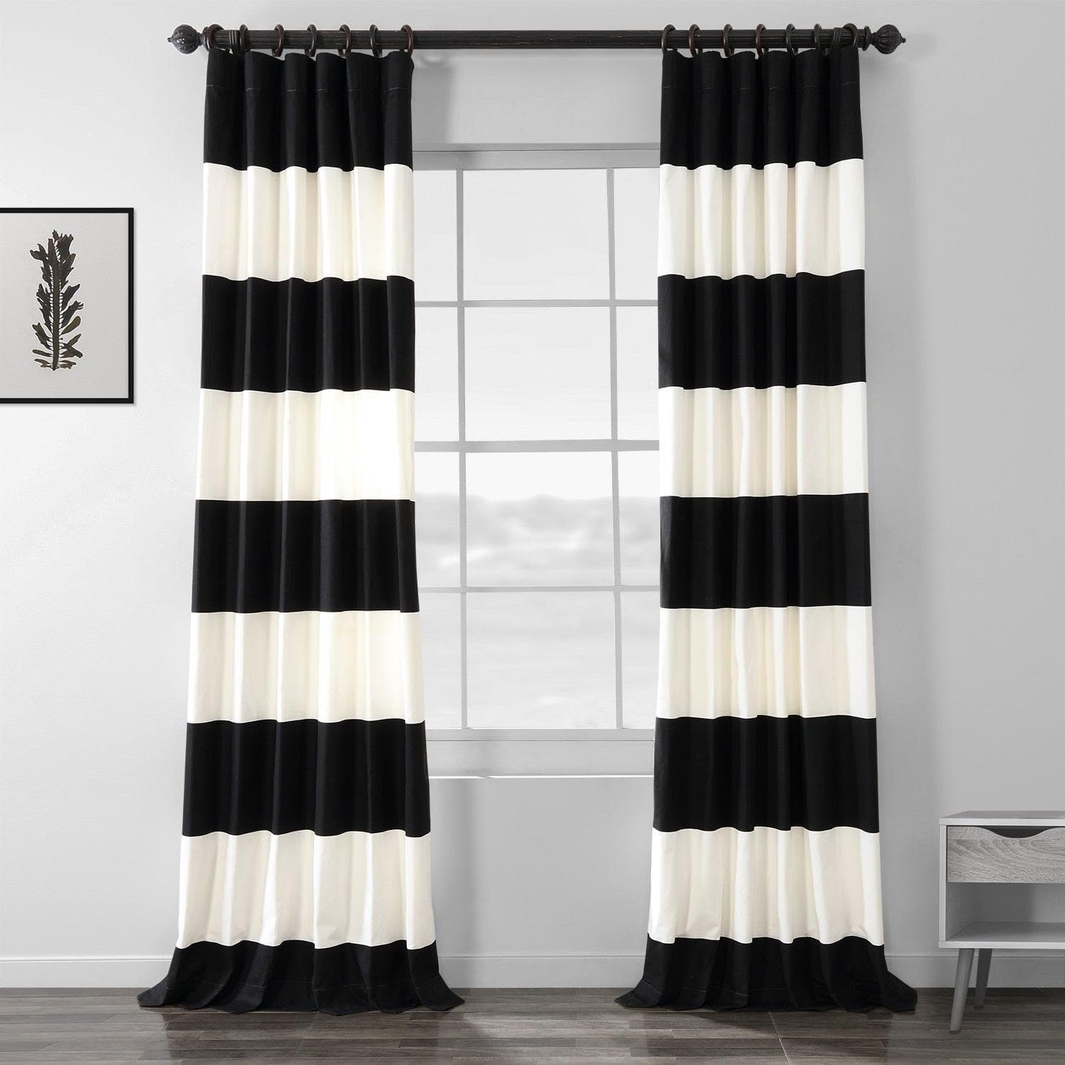 Onyx Black & Off White Horizontal Striped Blackout Curtains - 100% Cotton Room Darkening Window Drapes for Bedroom, Living Room & Nursery