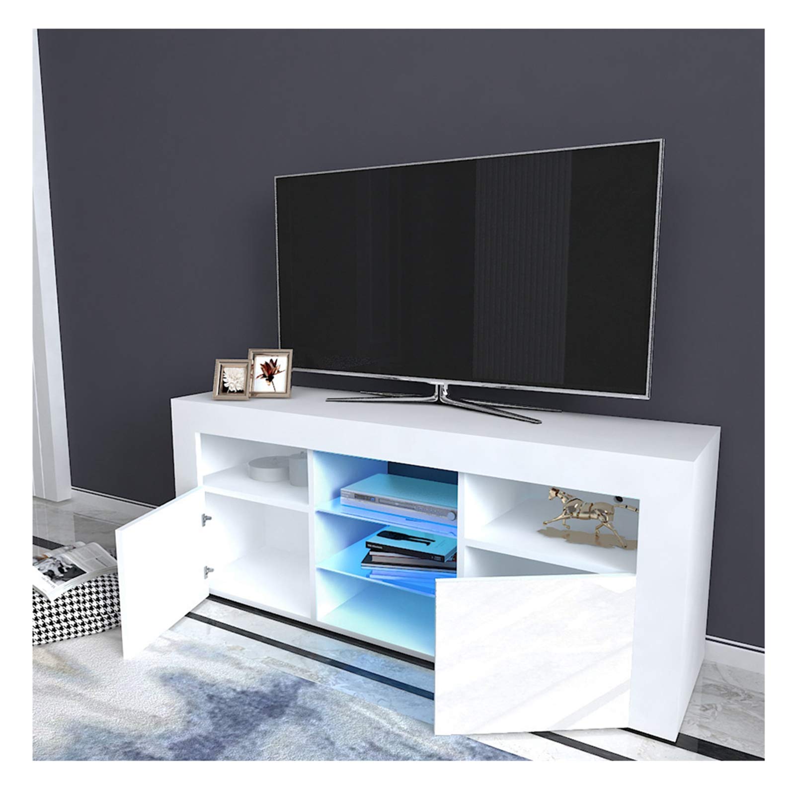 Modern White 51-inch LUKKC High-Gloss TV Stand with LED Lights - Wooden Media Console, Entertainment Center with 2 Drawers & 5 Shelves - Living Room Furniture for TV Storage & Home Organization - Fast US Shipping