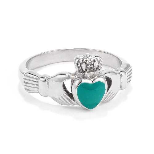 Authentic Irish Claddagh Ring - Stainless Steel with Green Enamel Heart - Celtic Love Friendship Loyalty Ring - Perfect for Weddings, Anniversaries & Gifts