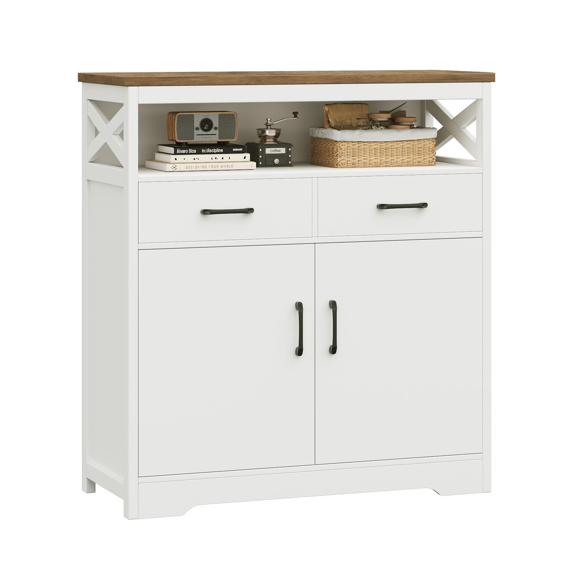 Modern Farmhouse Buffet Sideboard - Wooden Kitchen Storage Cabinet with Shelves, Doors & Drawers - Coffee Bar & Living Room Cupboard - White & Rustic Brown - Perfect for Dining Room, Entryway & Home Organization