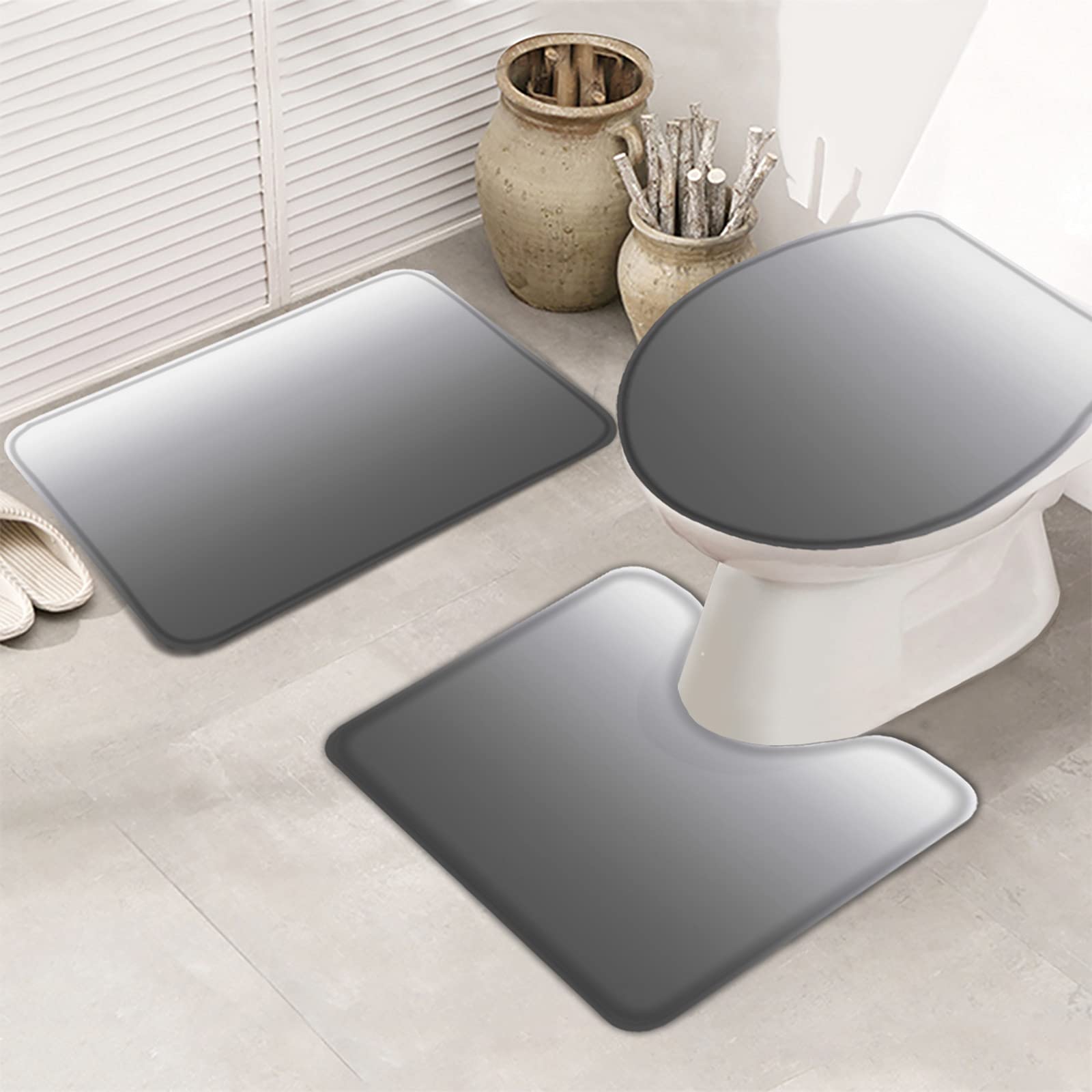 3-Piece Ombre White Gray Non-Slip Bathroom Rug Set - Soft Absorbent Shower Mat, Contour Mat & Toilet Lid Cover - Minimalist Farmhouse Style for Bathroom Safety & Comfort - Perfect for Modern Homes, Apartments & Guest Bathrooms