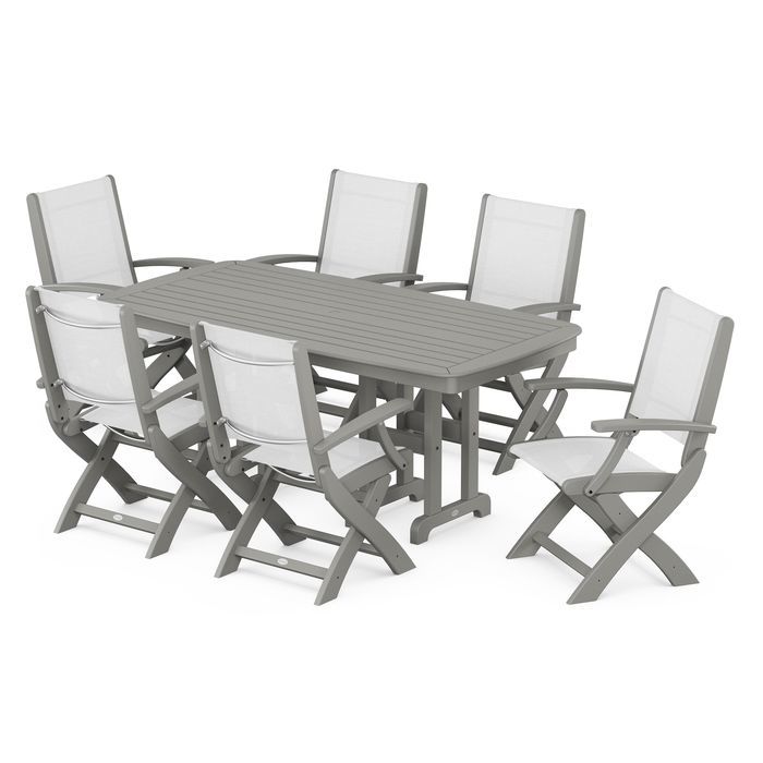 POLYWOOD Coastal Folding Arm Chair 7-Piece Outdoor Dining Set - Perfect for Patio, Deck, Poolside & Beachfront Entertaining