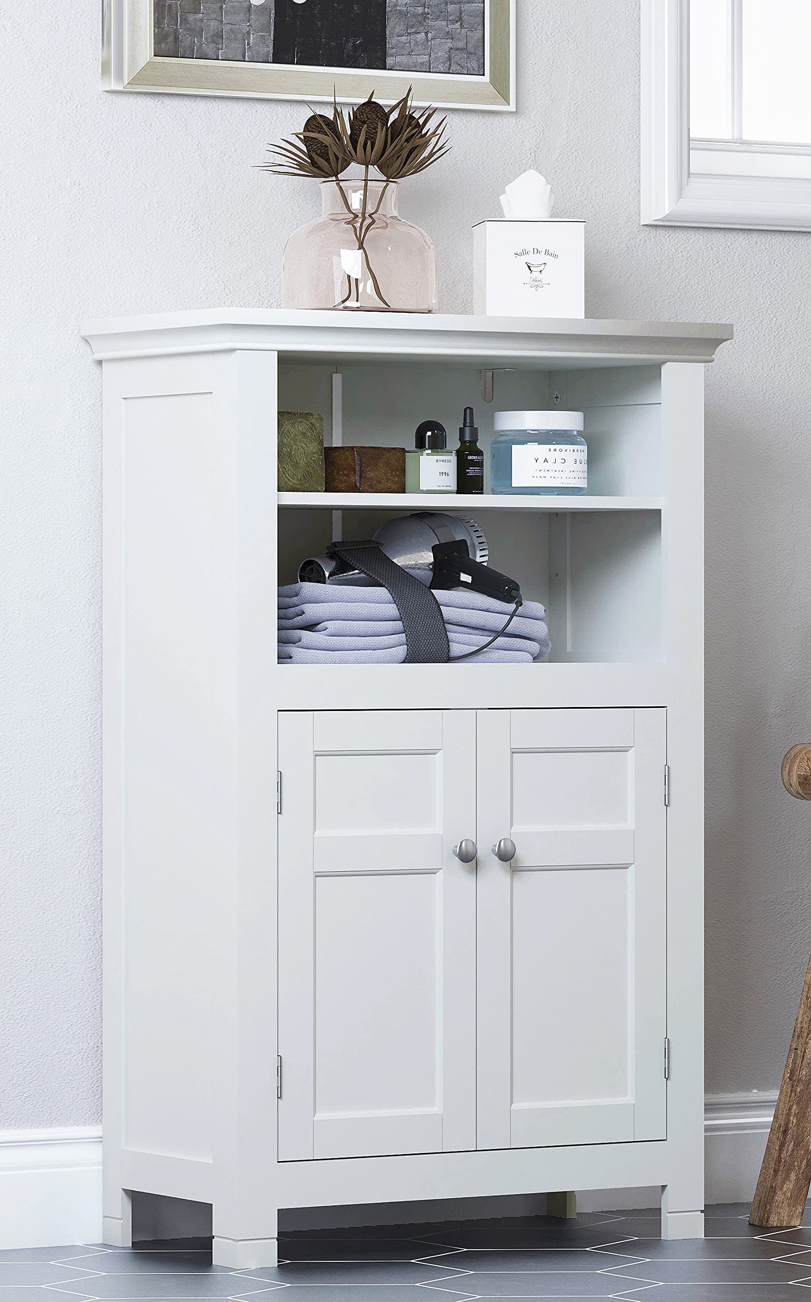 Spirich Freestanding Bathroom Storage Cabinet with Doors & Adjustable Shelves - Solid Wood Entryway Organizer for Bathroom, Bedroom, Hallway (White) | Perfect for Towel Storage, Toiletries Organization & Home Decor