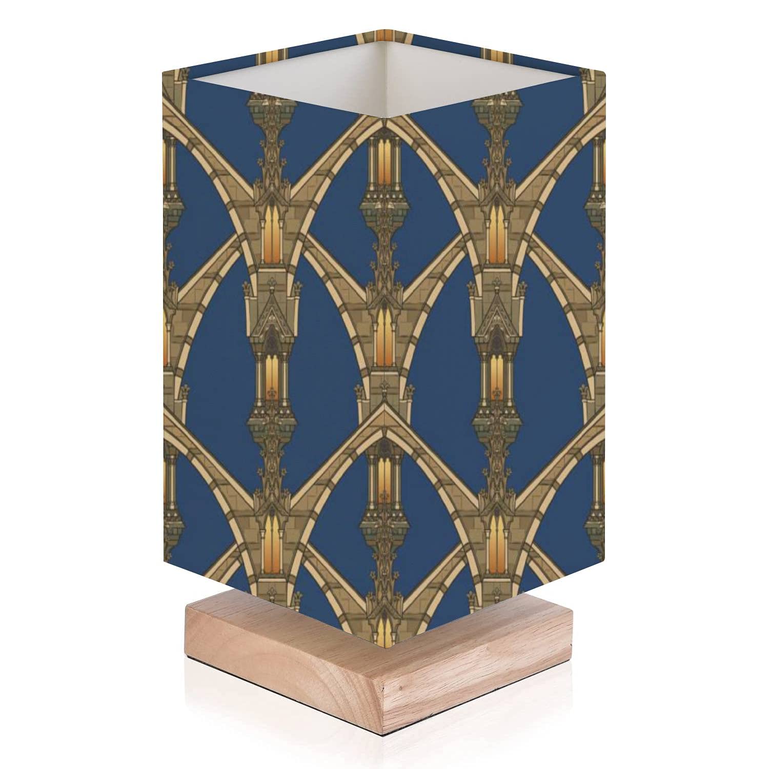 Modern Small Table Desk Lamp with Medieval Architectural Elements - Solid Wood Base & Flaxen Fabric Shade - Bedside Nightstand Lamp for Bedroom, Living Room, Office - Perfect Gift for Home Decor & Cozy Reading