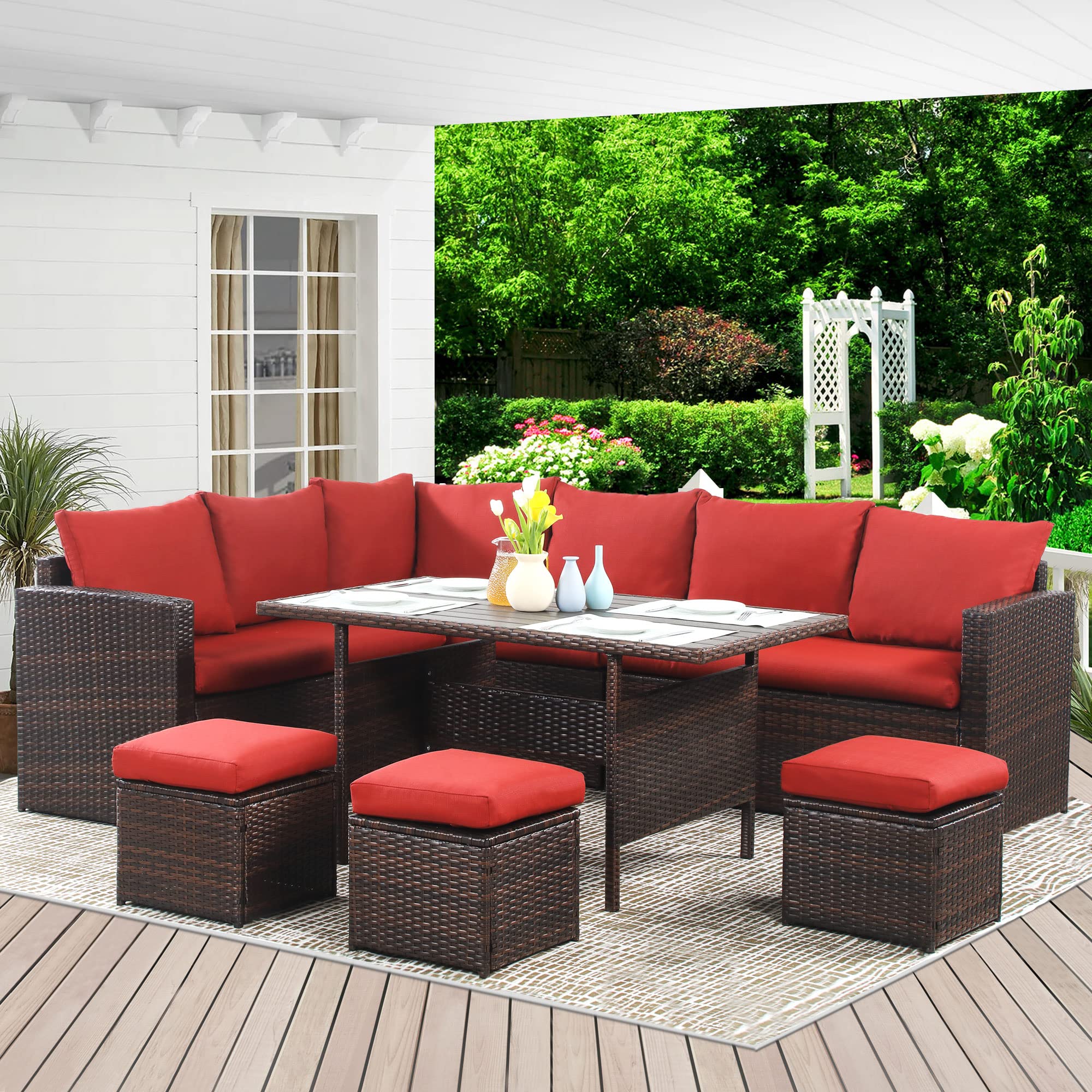 7-Piece Wisteria Lane All-Weather Patio Furniture Set - Outdoor Dining Sectional Sofa with Table, Chairs & Ottoman in Red - Perfect for Backyard BBQs, Poolside Lounging & Garden Entertaining