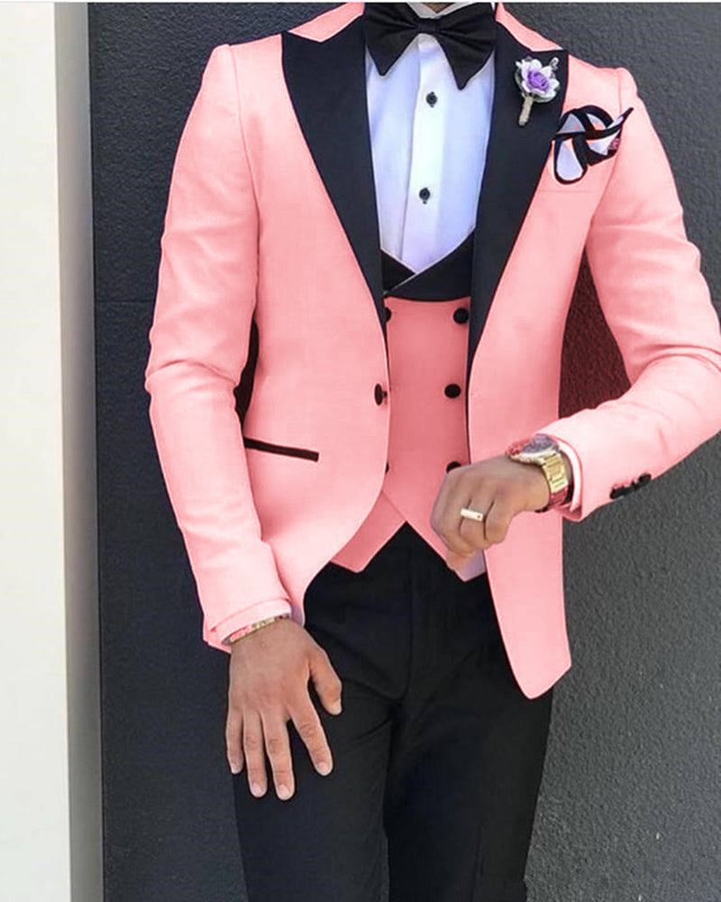 Elegant Pink & Black Tuxedo Suit for Men - 3 Piece Set (Jacket, Pants, Vest) - Wedding, Prom, Formal Events - Premium Menswear for Special Occasions