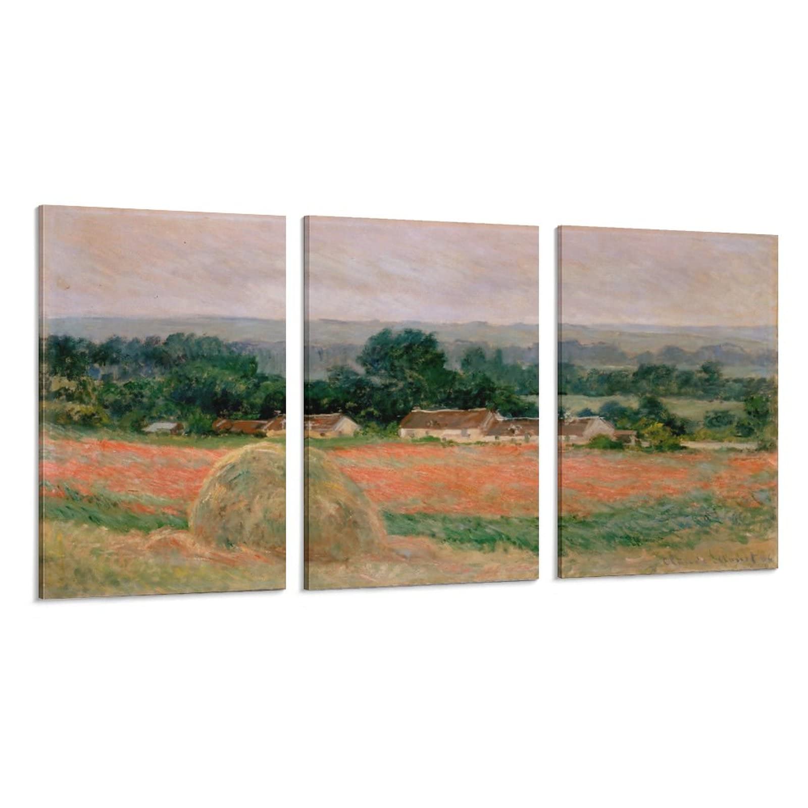 Claude Monet Haystack at Giverny 1886 Impressionist Art Reproduction - 3 Panel Canvas Wall Art for Bedroom Decor, Famous Oil Painting Print, Modern Aesthetic Poster for Living Room & Office