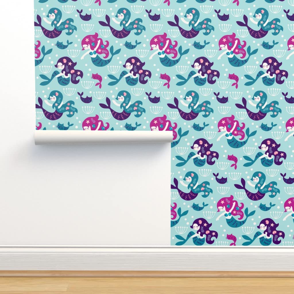 Peel & Stick Removable Wallpaper - Mermaid Purple Cat Ocean Theme with Starfish & Shells | Self-Adhesive Wallpaper Swatch by Spoonflower | Perfect for Kids Rooms, Bathrooms & Home Decor