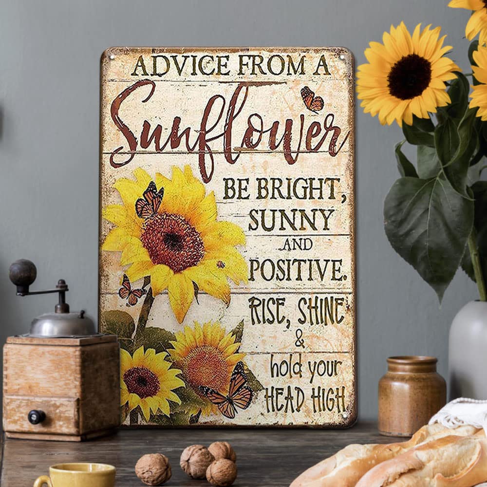 Sunflower Retro Tin Wall Sign - Be Bright, Sunny, Positive - Rise, Shine, Hold Your Head High - 12x8 Inch Metal Art for Kitchen, Bedroom, Bathroom - Inspirational Home Decor & Accessories for Living Spaces