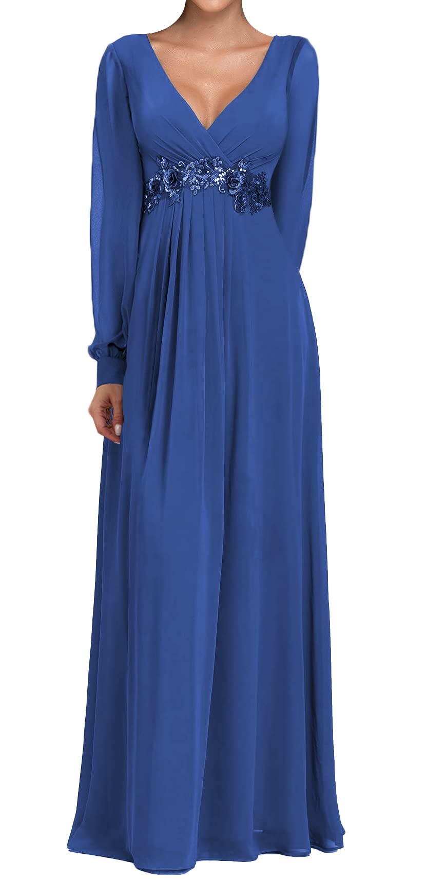 Elegant V-Neck Chiffon Wedding Guest Dress for Women - Long Sleeve Mother of The Bride Evening Gown | Perfect for Formal Weddings, Parties & Special Occasions