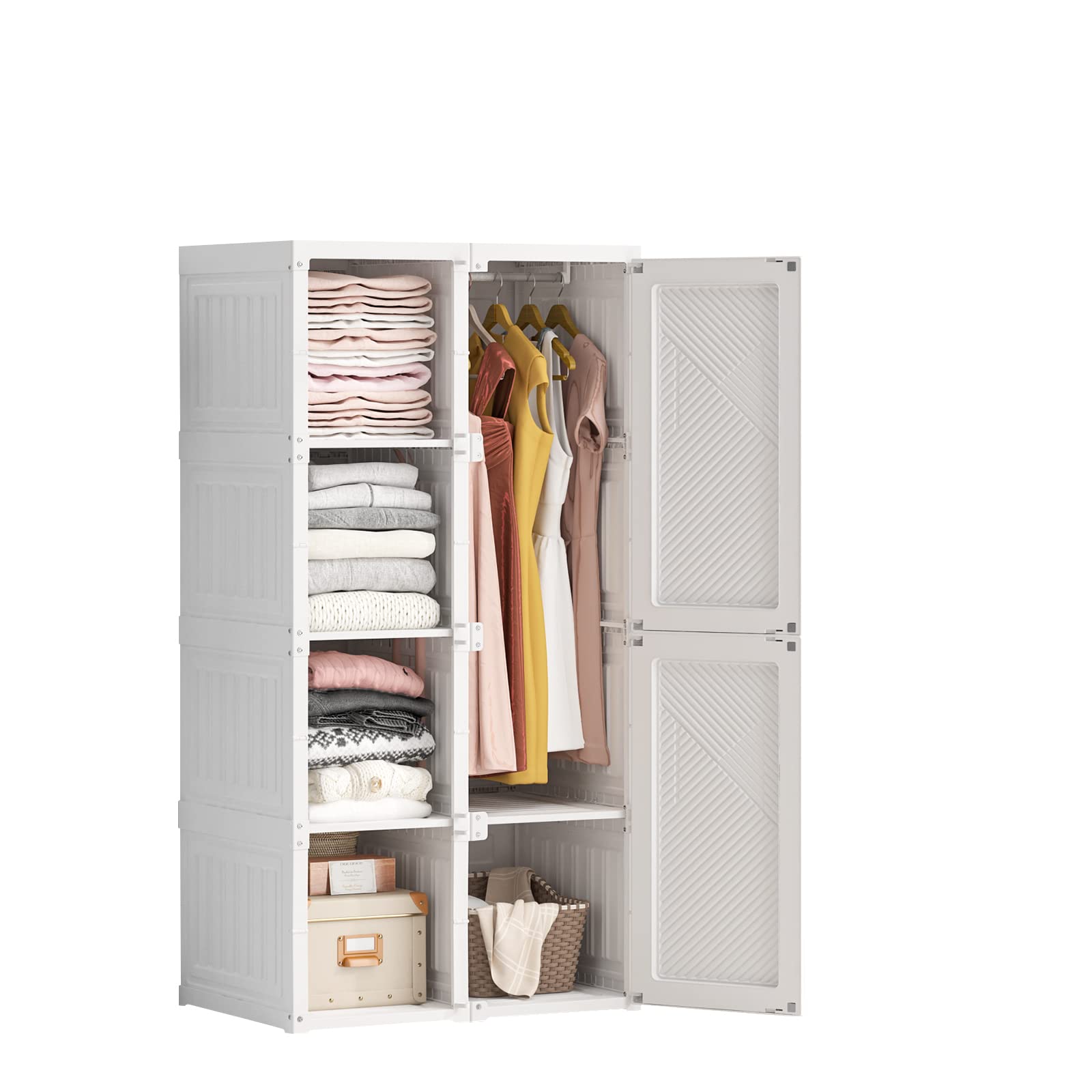 MAYIBOX 8-Cube Portable Closet Organizer with Hanging Rod & 6 Doors - White Space-Saving Wardrobe Storage for Bedroom, Closet, Dorm & Small Spaces