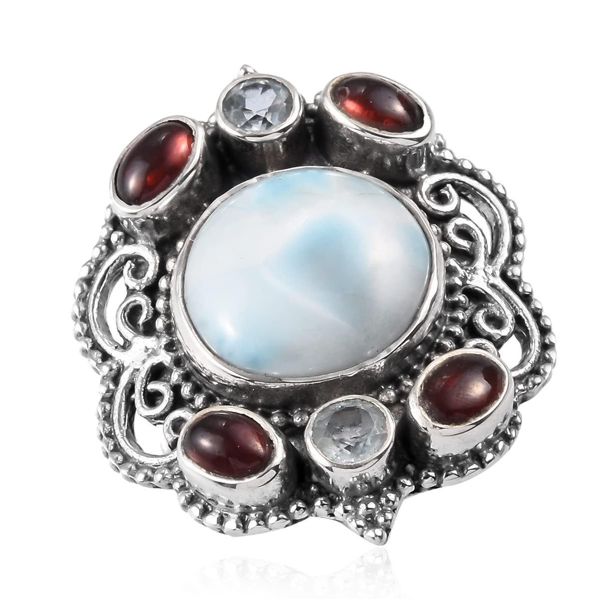925 Sterling Silver Platinum Plated Mix Larimar & Red Garnet Ring for Women | Size 6 | Valentine's Day, Wedding, Engagement, Anniversary Gift | Perfect for Romantic Occasions & Everyday Elegance