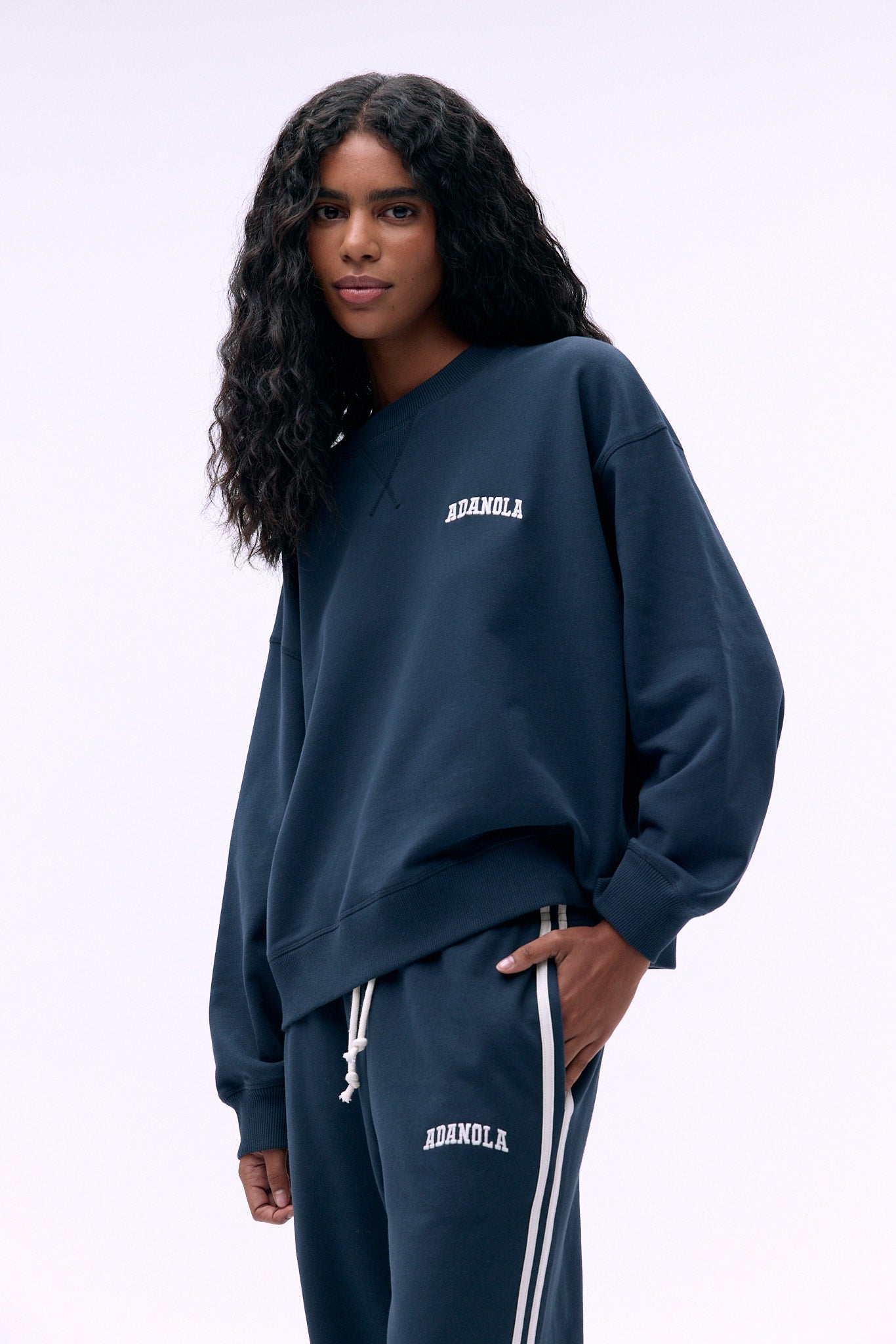 Varsity Loose Fit Sweatshirt for Men & Women | Comfortable Cotton Pullover Hoodie in Midnight Blue/Marshmallow White | Casual Wear, College Style, Street Fashion