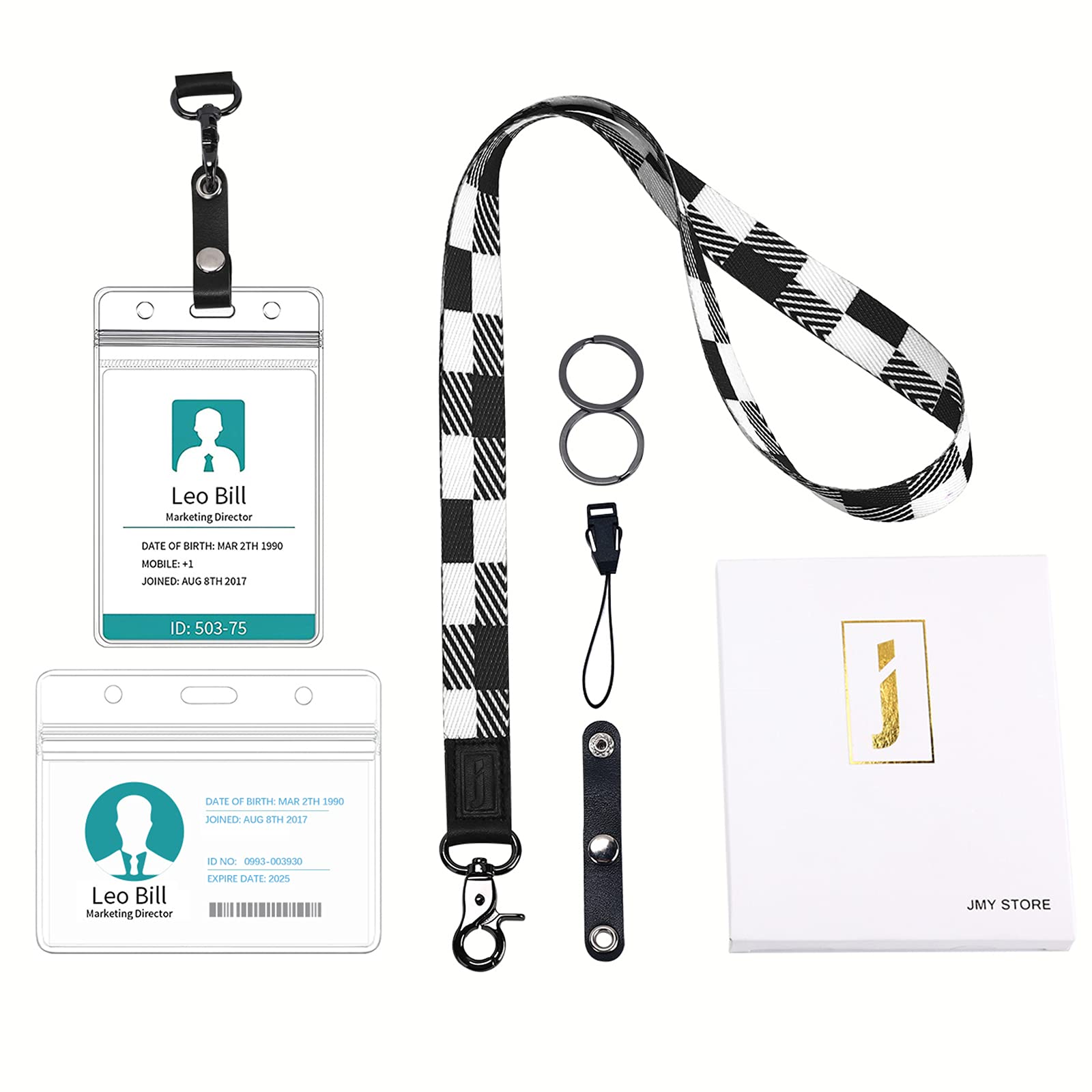 Waterproof Lanyard with 2 ID Badge Holders & Cute Keychain - Black White Twill Plaid Neck Strap for Teachers, Women & Men - Perfect for Car Keys, Cell Phones, Wallets & Whistles - Office, School & Outdoor Use