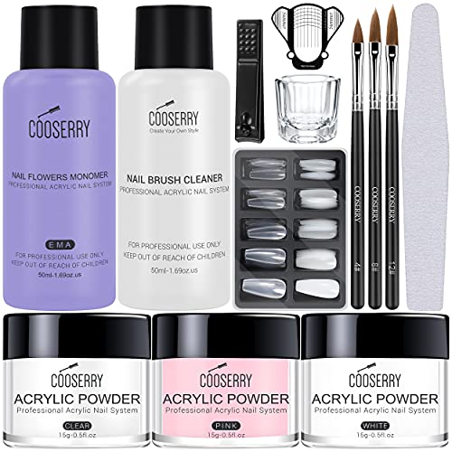 Cooserry Professional Acrylic Nail Kit for Beginners - Clear Acrylic Powder & Liquid Monomer Set with Nail Brush Cleaner - DIY Nail Art Design Supplies for Home Salon & Professional Manicure - Perfect for Nail Extensions, French Tips & Creative Nail Art