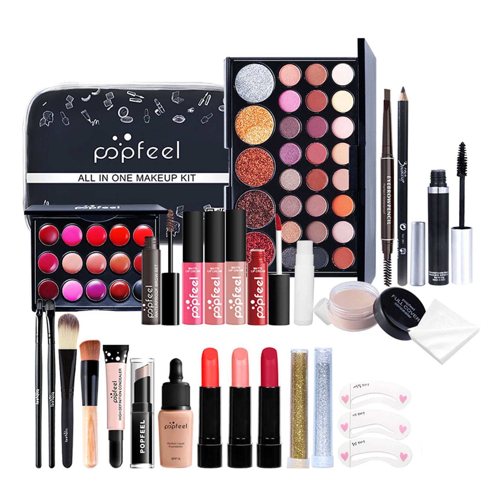 **Complete All-in-One Makeup Kit for Women - Eyeshadow Palette, Lipstick Set, Cosmetic Brushes, Balm, Eyebrow Pencil, Eyeliner, Foundation, Concealer & Black Makeup Bag | Perfect for Travel, Parties & Everyday Beauty**