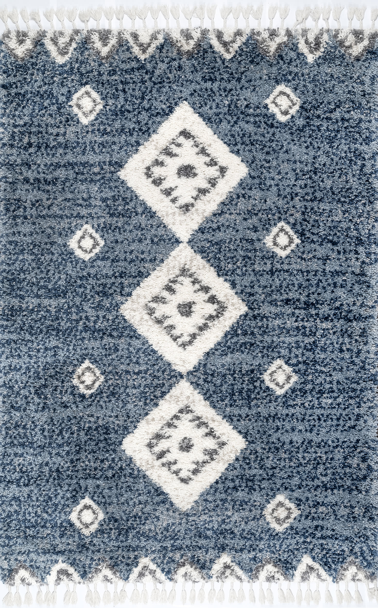 Premium Diamond Totem Shag Rug with Tassels - Soft Blue Bohemian Area Rug for Living Room, Bedroom & Nursery Decor