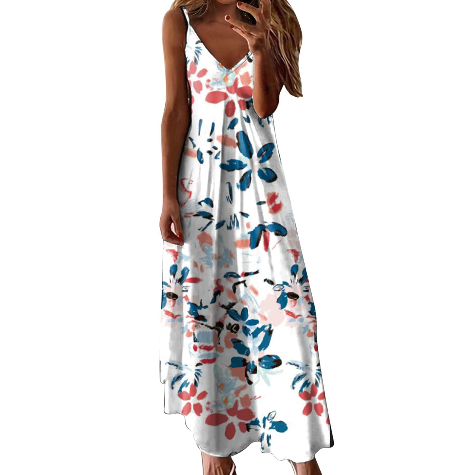 ETHKIA Women's Summer Sleeveless Floral Print Sundress - Elegant Casual Swing Long Dress for Beach, Party & Vacation | Lightweight Breathable Midi Dress for Women