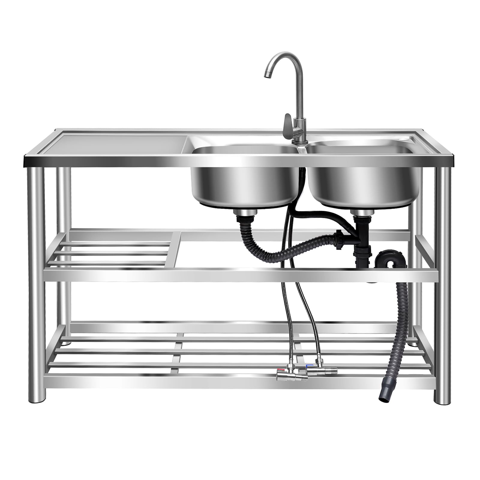 Commercial Kitchen Sink - 2 Compartment 304 Stainless Steel Prep & Utility Sink with Faucet - Heavy Duty Indoor/Outdoor Kitchen Station with Storage Shelves - Perfect for Restaurants, Food Trucks & Outdoor Cooking