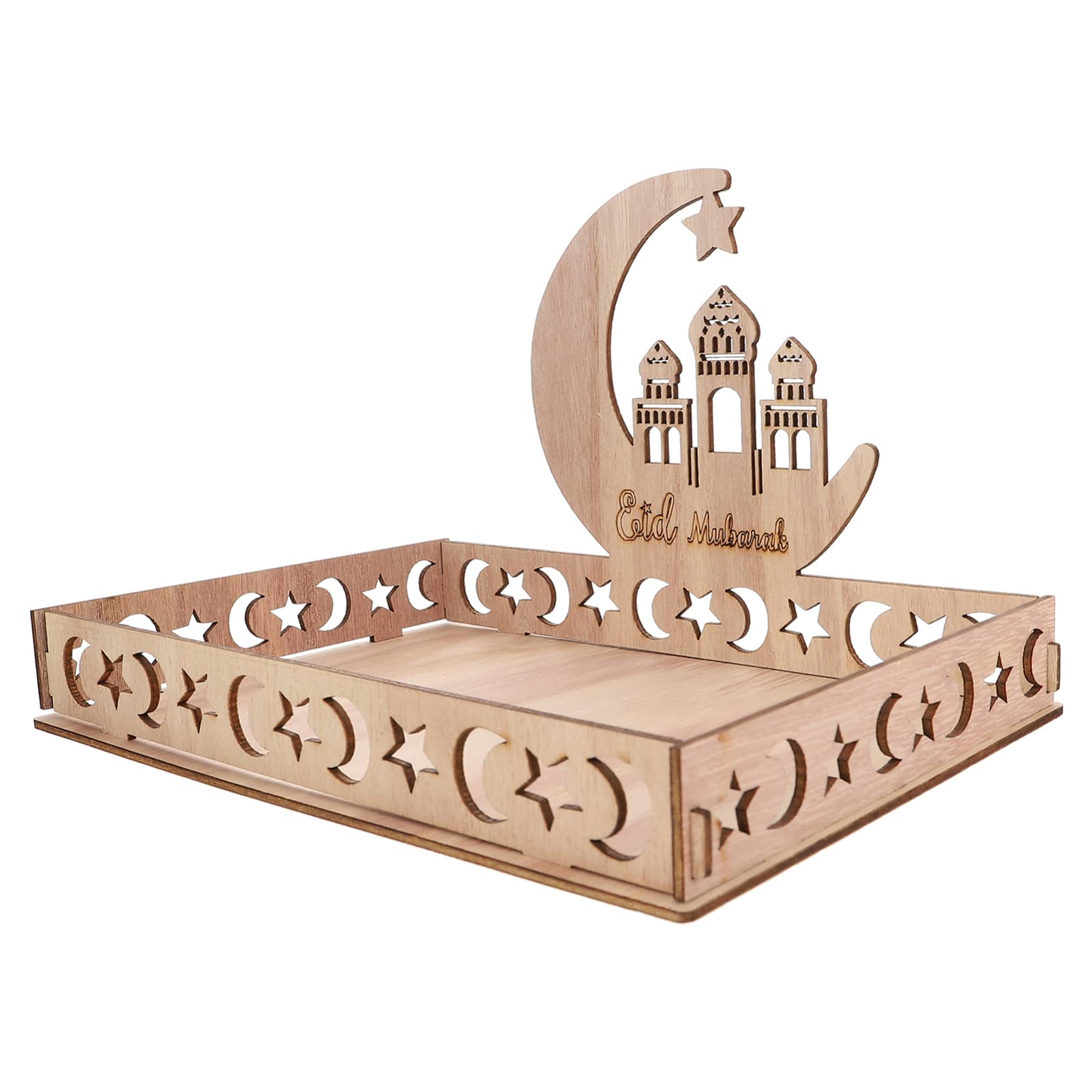 Ramadan Mubarak Wooden Serving Tray - Eid Moon Castle Islamic Party Platter for Desserts, Snacks & Fruits | Perfect for Muslim Celebrations, Home Decor & Gift Giving