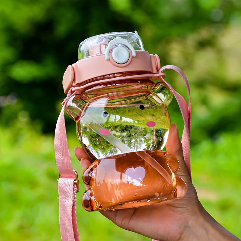 Frog Water Bottle - Cute Green Leakproof Plastic Sports Bottle with Straw & Strap | Portable BPA-Free Water Container for Gym, Hiking, School & Outdoor Activities (Pink)