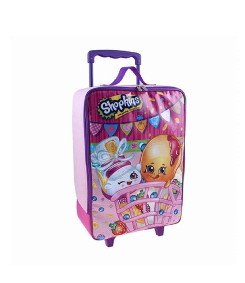 Shopkins Themed Rolling Backpack for Girls - Airplane Pilot Design Carry-On Luggage for School, Travel & Sleepovers | Perfect for Kids' Trips, Birthday Gifts & Aviation Enthusiasts