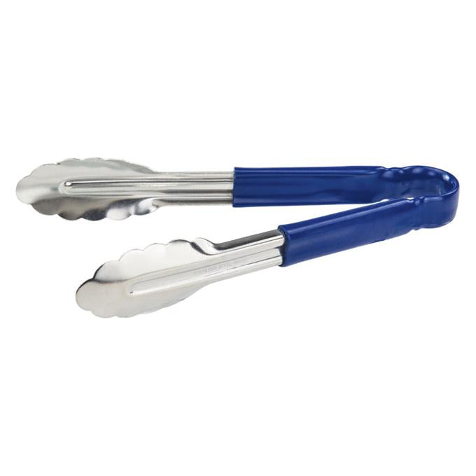 Winco 9-Inch Utility Tongs for Cold Food - Blue Handle Stainless Steel Kitchen Tongs (UT 9HP B) - Perfect for Salads, BBQ, Buffets & Food Service