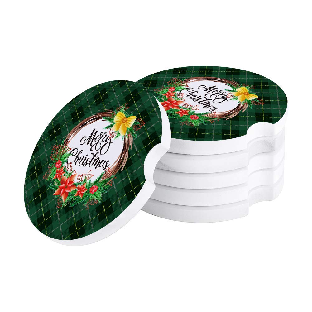 Christmas Wreath Berries Ceramic Car Cup Holder Coasters - 6 Pack Absorbent Green Buffalo Plaid Check Design with Finger Notch for Easy Removal - Perfect Holiday Car Accessories for Gifts, Office, and Travel