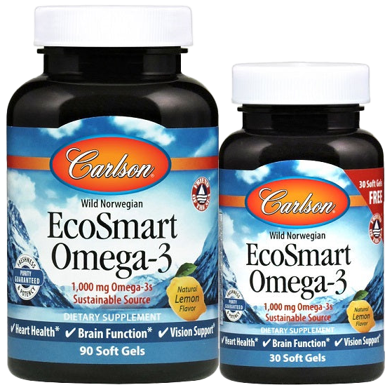 Carlson Labs EcoSmart Omega-3 Fish Oil 1000mg with Natural Lemon Flavor - 90+30 Softgels for Heart, Brain & Joint Health - Supports Immunity & Wellness