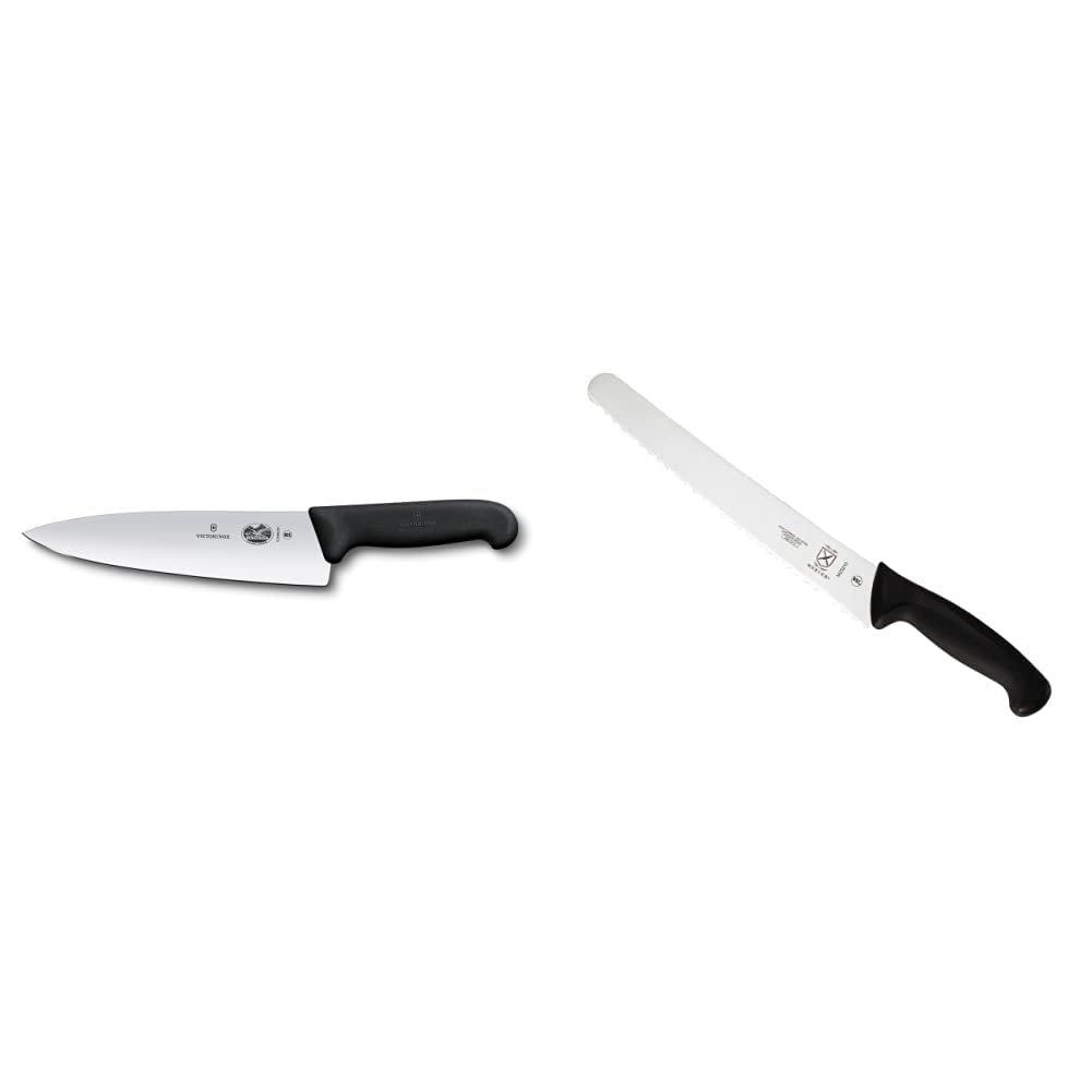 Victorinox 45520 Fibrox Pro 8-Inch Chef's Knife & Mercer Culinary Millennia 10-Inch Wide Wavy Edge Bread Knife Set - Professional Kitchen Knives for Slicing, Chopping, and Bread Cutting - Perfect for Home Chefs and Professional Kitchens